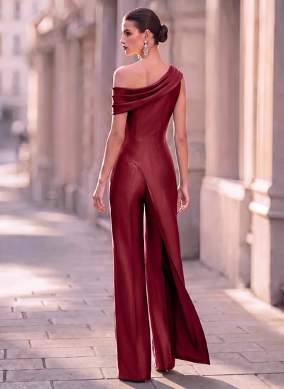 Jumpsuit/Pantsuit Asymmetrical Sleeveless Floor-Length Satin Evening Dresses