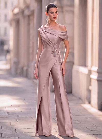 Jumpsuit/Pantsuit Asymmetrical Sleeveless Floor-Length Satin Evening Dresses