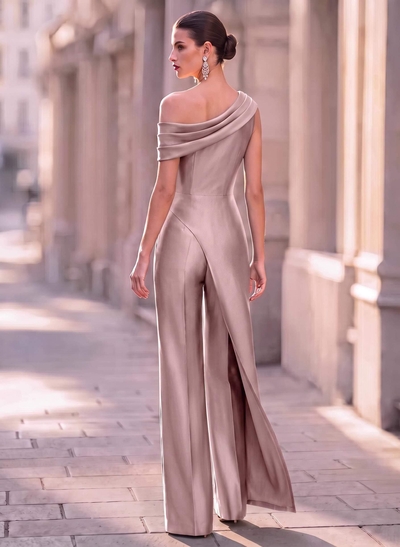Jumpsuit/Pantsuit Asymmetrical Sleeveless Floor-Length Satin Evening Dresses