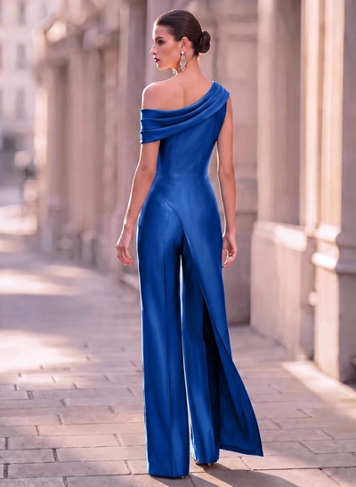 Jumpsuit/Pantsuit Asymmetrical Sleeveless Floor-Length Satin Evening Dresses
