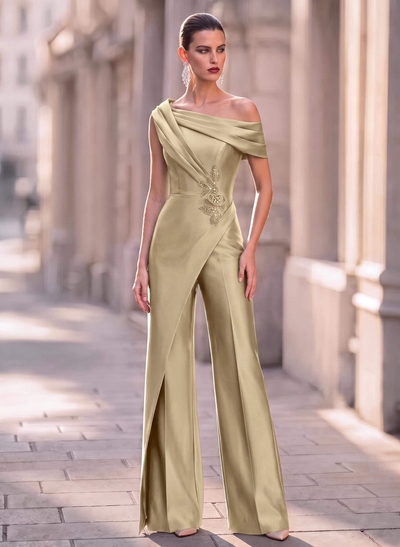 Jumpsuit/Pantsuit Asymmetrical Sleeveless Floor-Length Satin Evening Dresses
