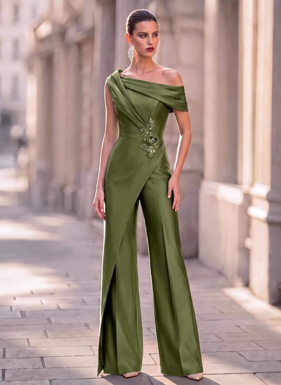 Jumpsuit/Pantsuit Asymmetrical Sleeveless Floor-Length Satin Evening Dresses