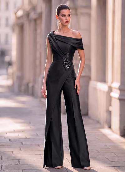 Jumpsuit/Pantsuit Asymmetrical Sleeveless Floor-Length Satin Evening Dresses