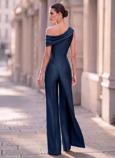 Jumpsuit/Pantsuit Asymmetrical Sleeveless Floor-Length Satin Evening Dresses