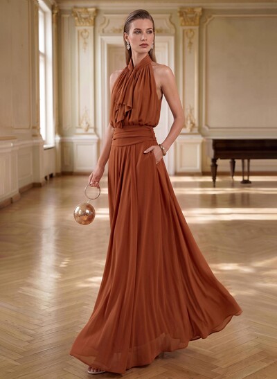 A-Line Halterneck Sleeveless Floor-Length Chiffon Evening Dress With Pockets And Pleats