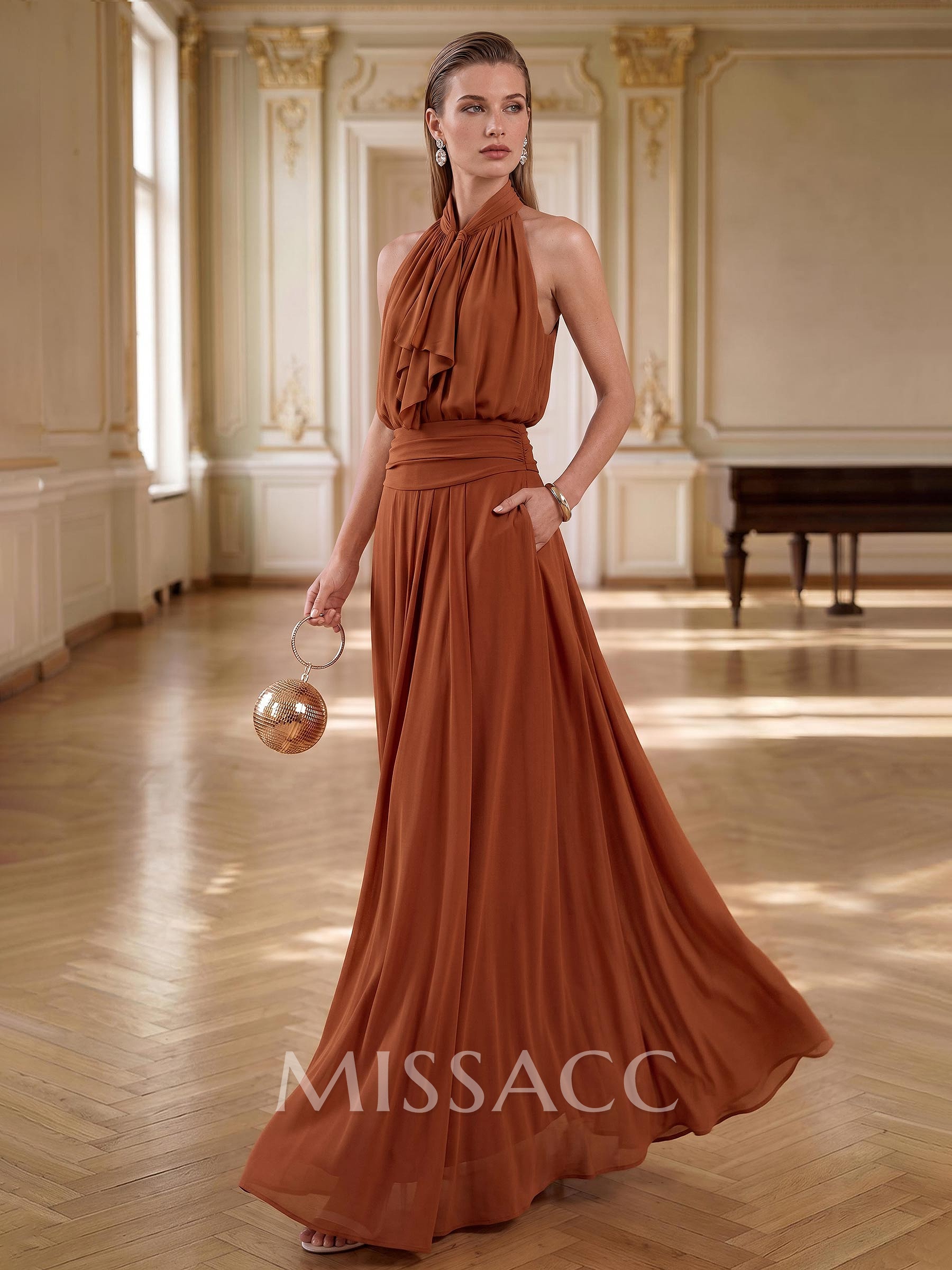 A-Line Halterneck Sleeveless Floor-Length Chiffon Evening Dress With Pockets And Pleats