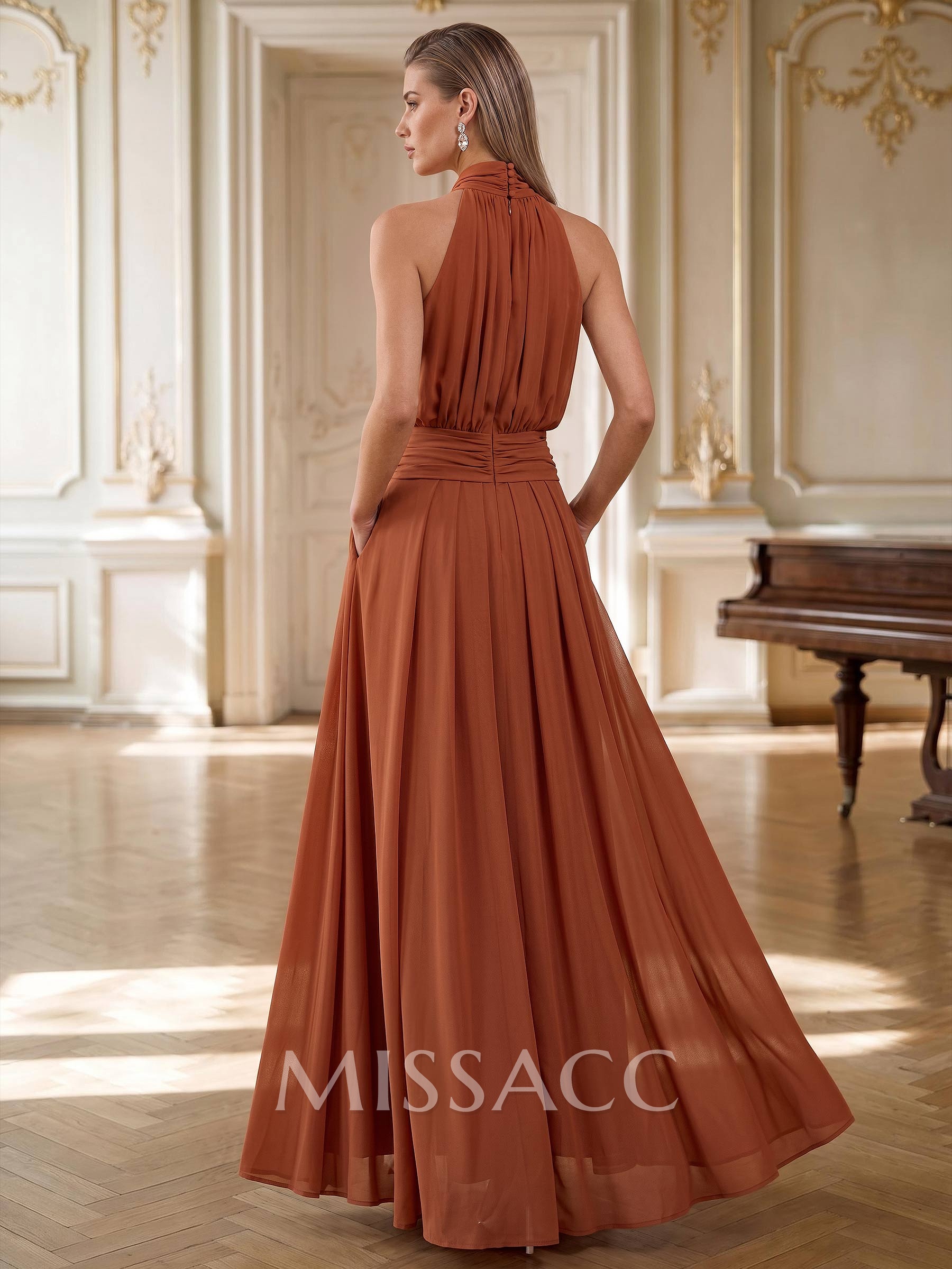 A-Line Halterneck Sleeveless Floor-Length Chiffon Evening Dress With Pockets And Pleats