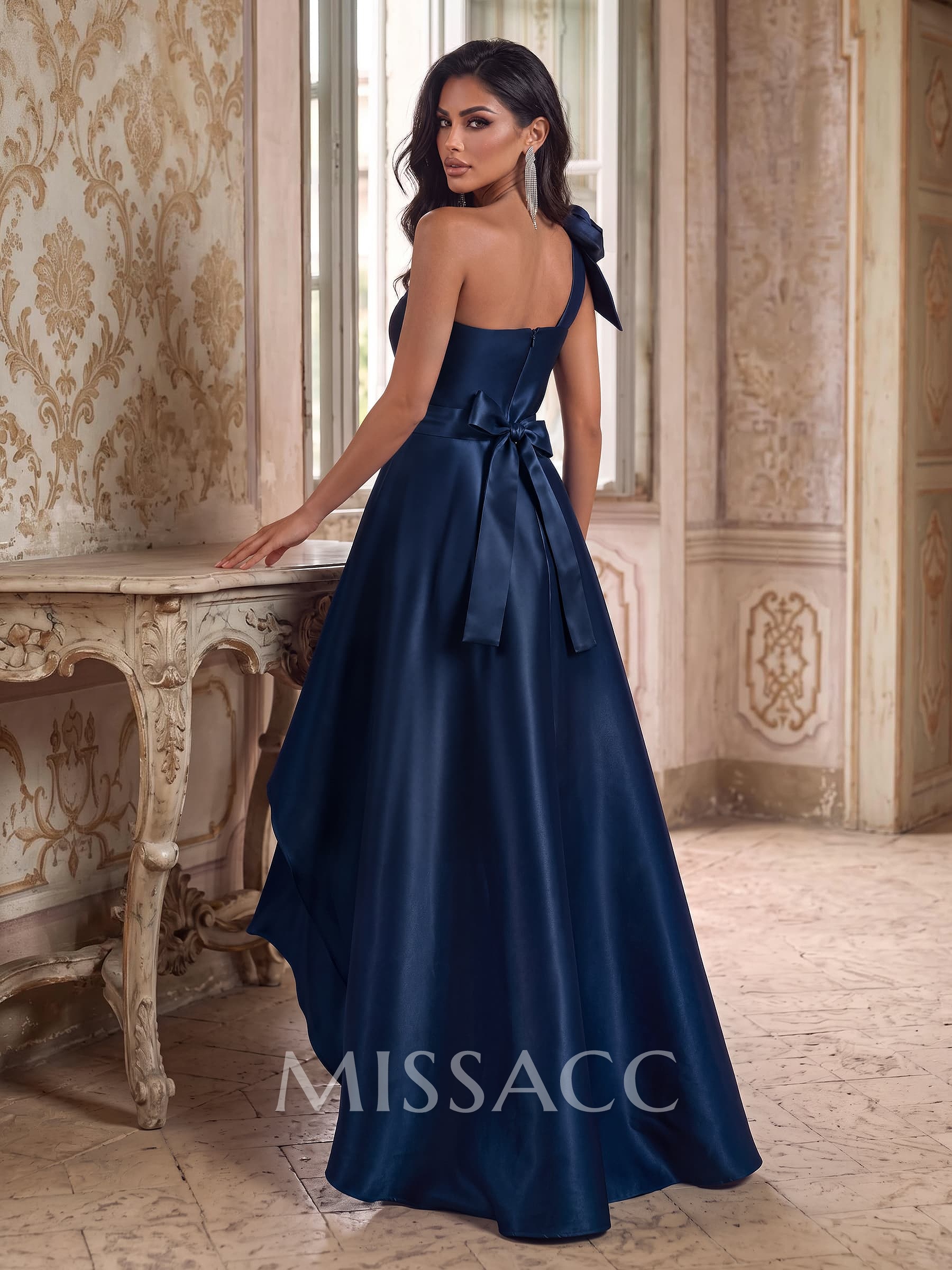 A-Line One-Shoulder Sleeveless Asymmetric Satin Evening Dresses With Bow, Cascading Ruffles Or Flower Detail