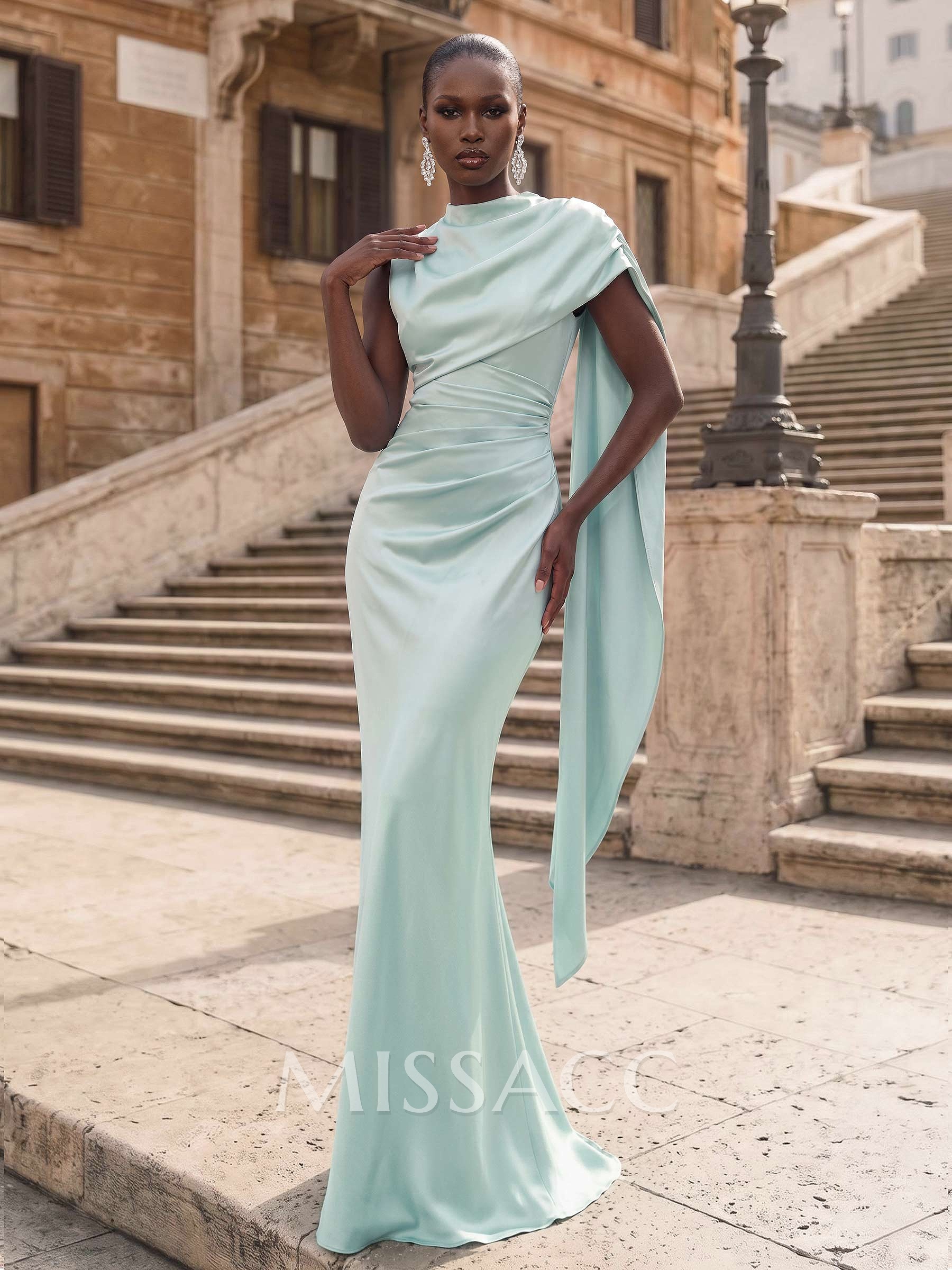 Trumpet/Mermaid High Neck Cape Sleeve Floor-Length Charmeuse Evening Dress With Sweeping Side Drape