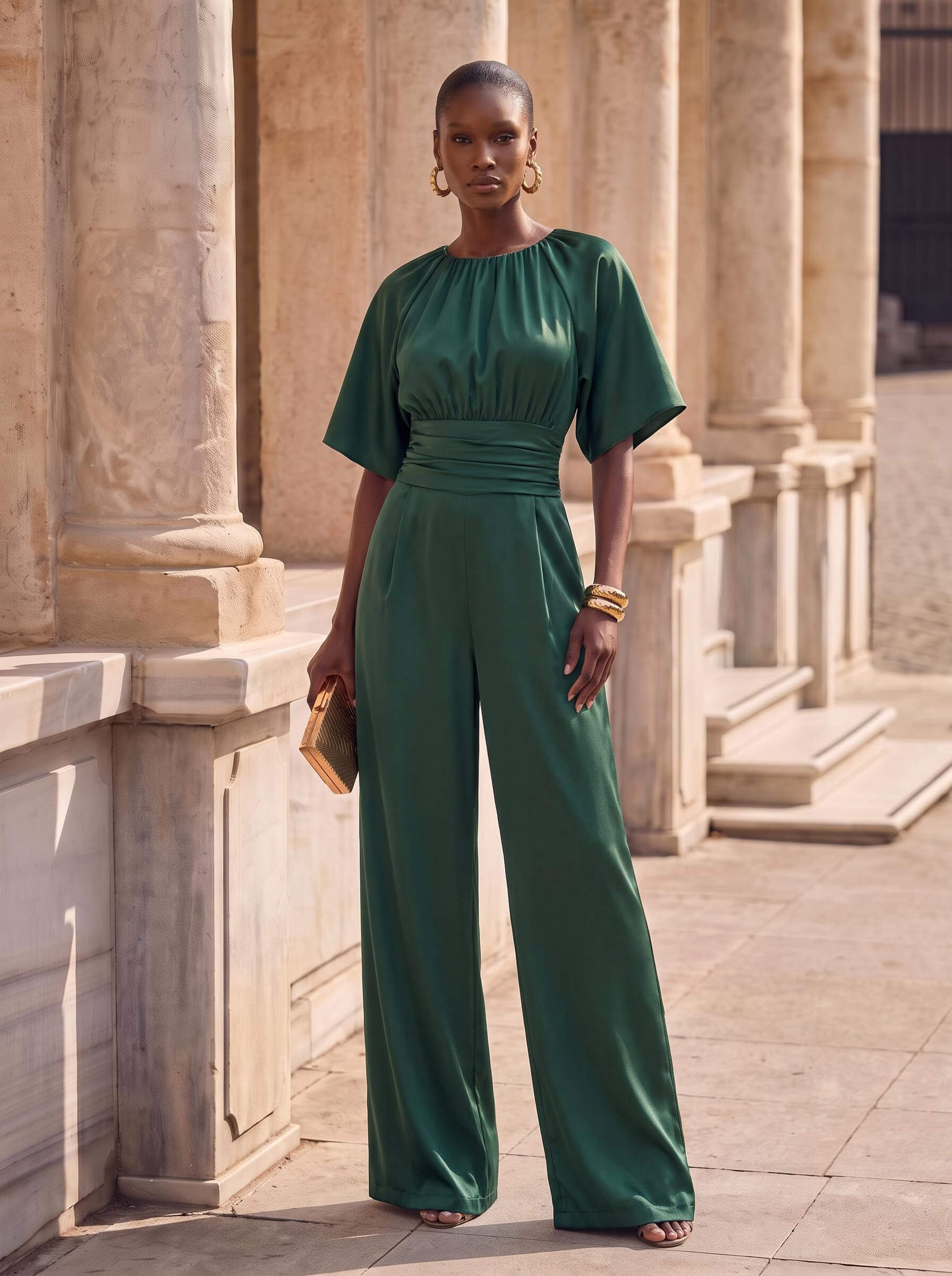 Scoop Neck Half Sleeve Floor-Length Crepe Satin Evening Jumpsuit/Pantsuit With Sash
