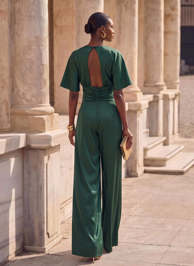 Scoop Neck Half Sleeve Floor-Length Crepe Satin Evening Jumpsuit/Pantsuit With Sash