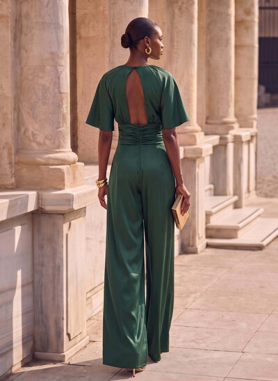 Jumpsuit/Pantsuit Scoop Neck 1/2 Sleeves Floor-Length Crepe Satin Evening Dresses With Sash