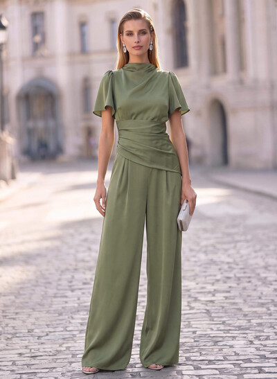 Jumpsuit / Pantsuit High Neck Short Sleeves Floor-Length Crepe Satin Evening Dress