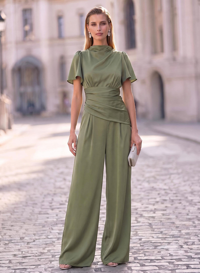 Jumpsuit/Pantsuit High Neck Short Sleeves Floor-Length Crepe Satin Evening Dresses