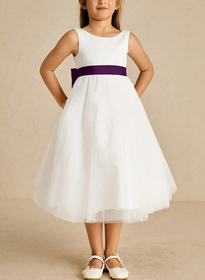 A-Line Scoop Neck Sleeveless Tea-Length Satin/Tulle Flower Girl Dresses With Bow/Sash