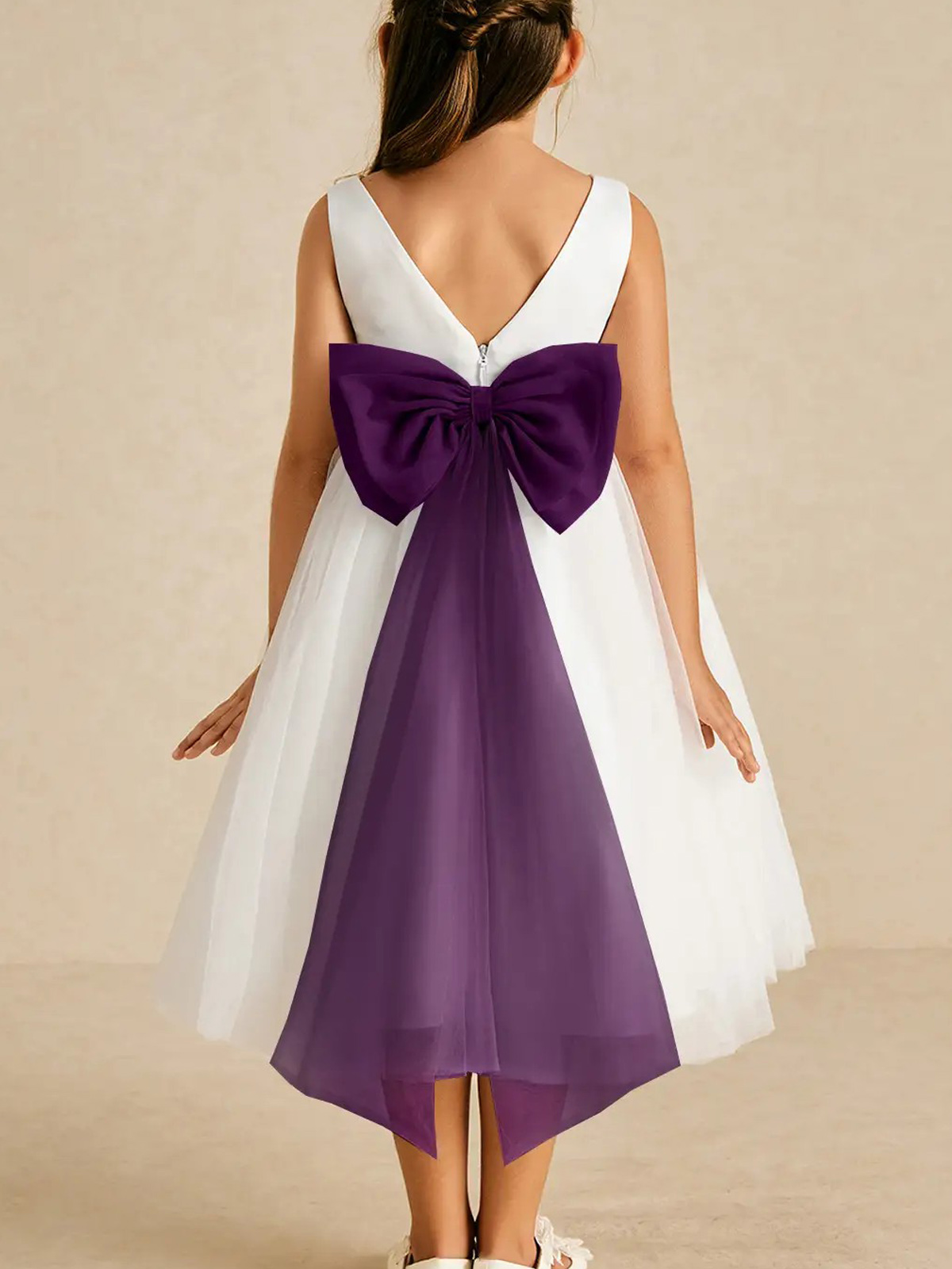 A-Line Scoop Neck Sleeveless Tea-Length Satin/Tulle Flower Girl Dresses With Bow/Sash