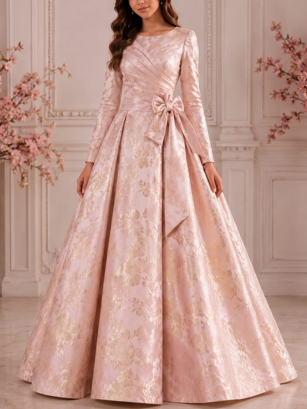A-Line Scoop Neck Long Sleeves Floor-Length Jacquard Junior Bridesmaid Dresses With Bow