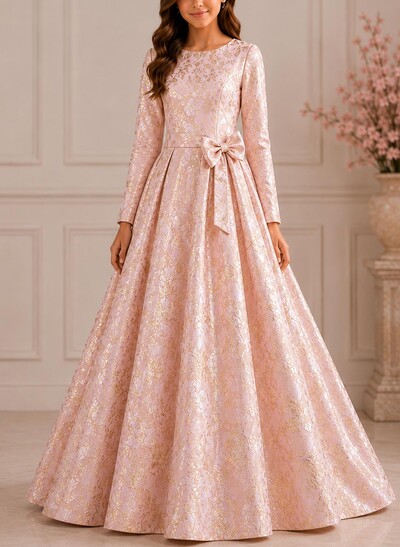 A-Line Scoop Neck Long Sleeves Floor-Length Jacquard Junior Bridesmaid Dresses With Bow