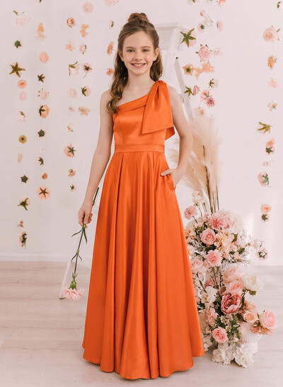 A-Line One-Shoulder Sleeveless Floor-Length Satin Junior Bridesmaid Dresses With Bow