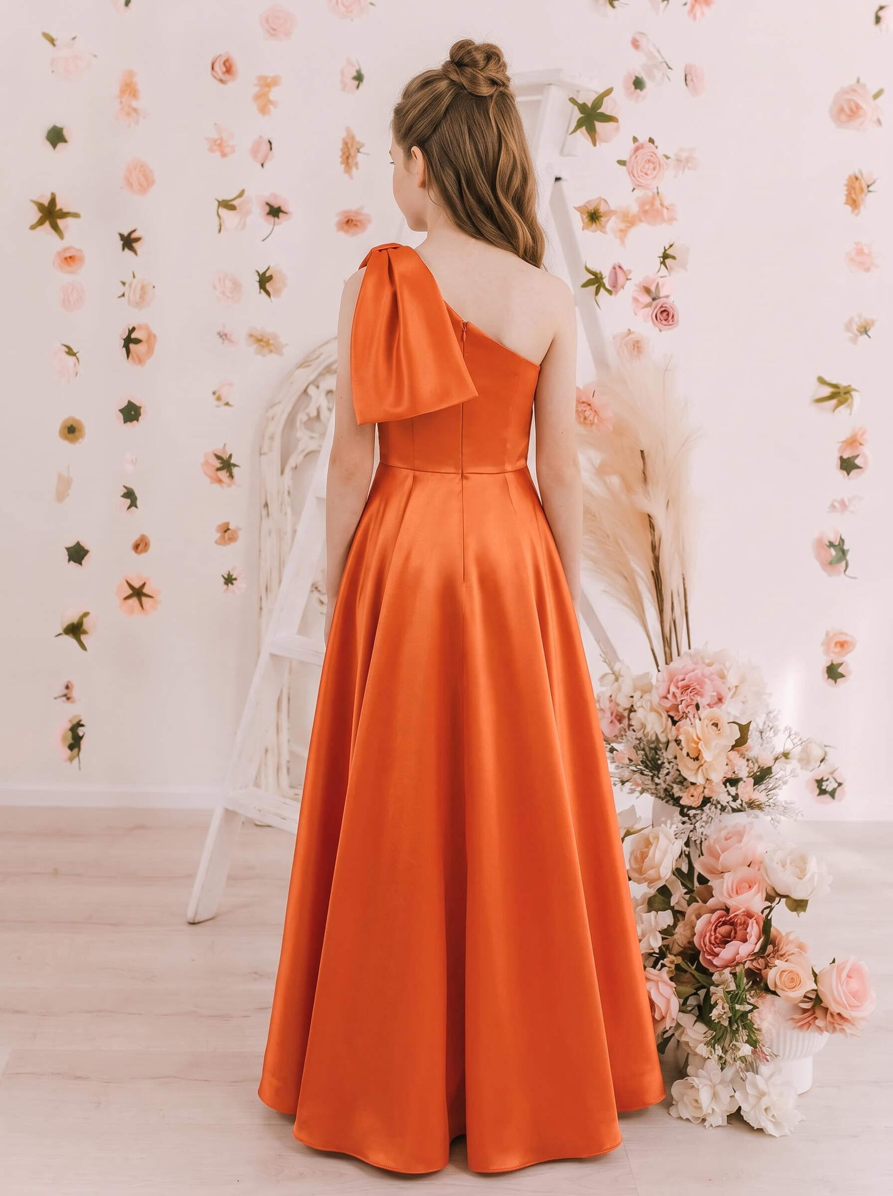 A-Line One-Shoulder Sleeveless Floor-Length Satin Junior Bridesmaid Dresses With Bow
