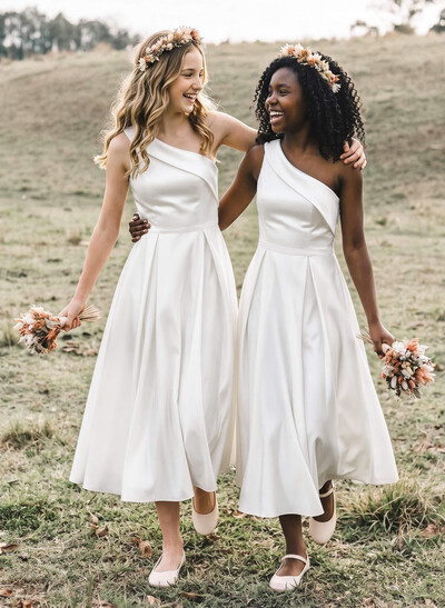 A-Line One-Shoulder Sleeveless Tea-Length Satin Junior Bridesmaid Dresses