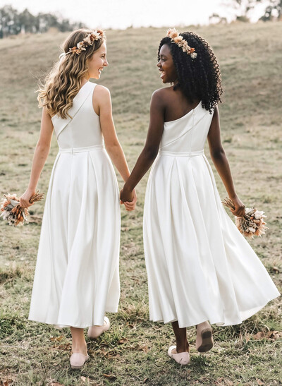 A-Line One-Shoulder Sleeveless Tea-Length Satin Junior Bridesmaid Dresses