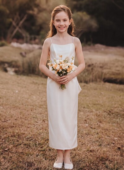 Sheath/Column Square Neckline Sleeveless Ankle-Length Satin Junior Bridesmaid Dresses With Bow