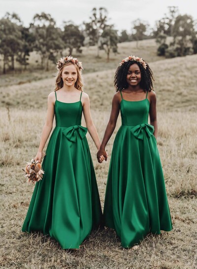 A-Line Square Neckline Sleeveless Floor-Length Satin Junior Bridesmaid Dresses With Bow