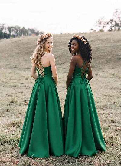A-Line Square Neckline Sleeveless Floor-Length Satin Junior Bridesmaid Dresses With Bow