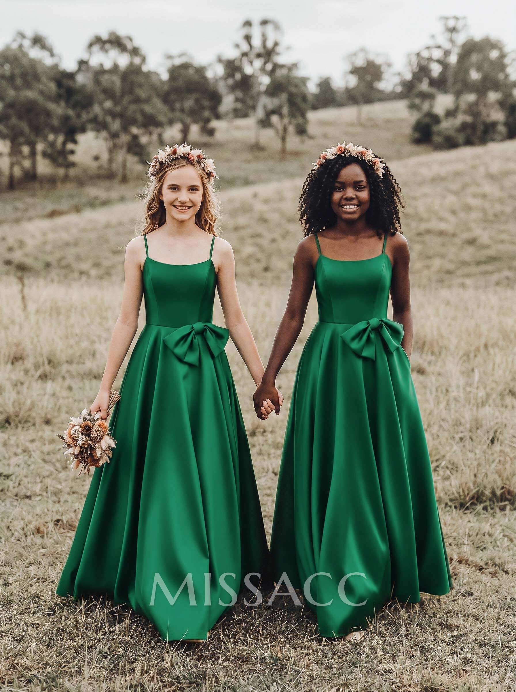 A-Line Square Neckline Sleeveless Floor-Length Satin Junior Bridesmaid Dresses With Bow