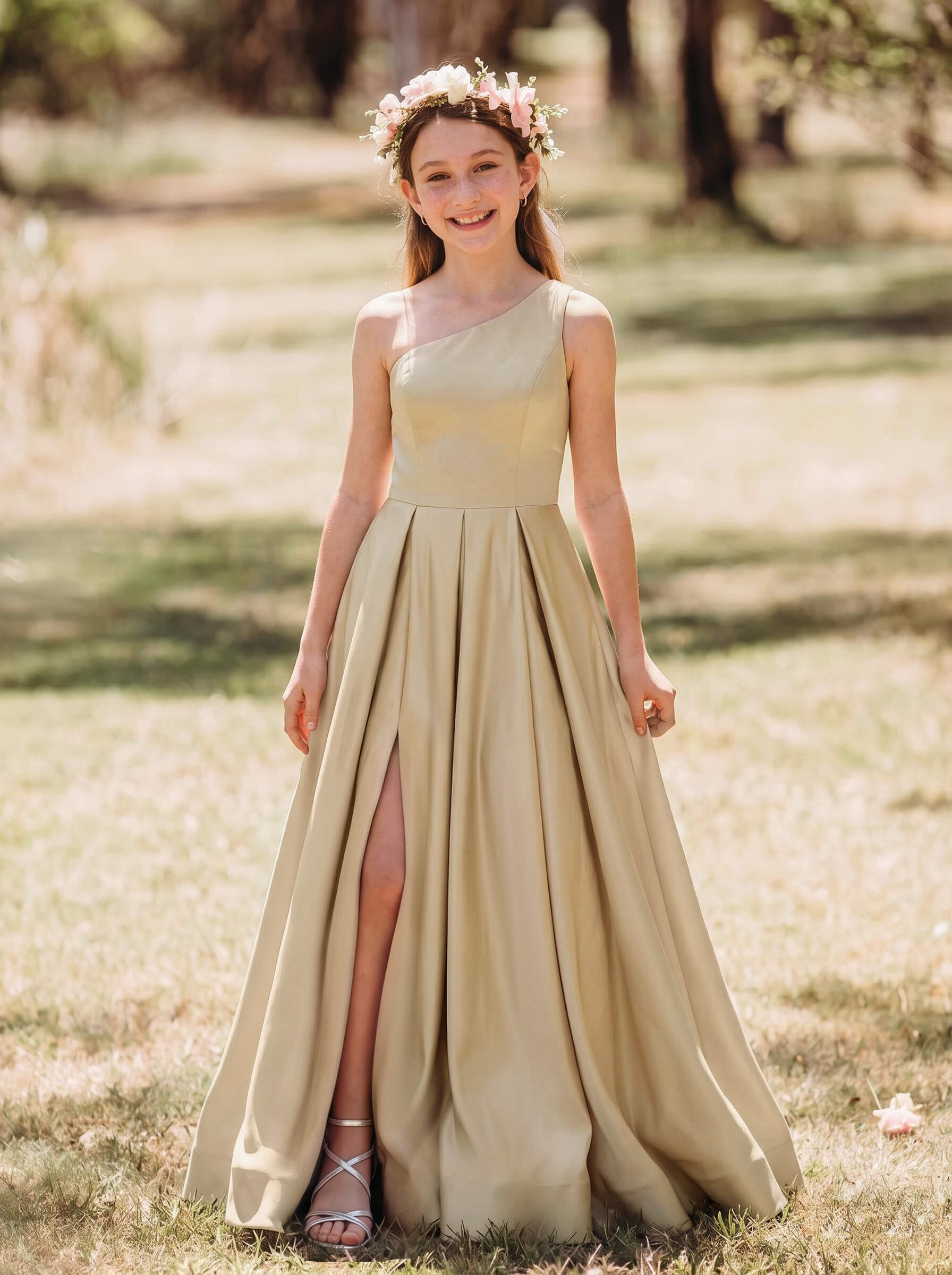 A-Line One-Shoulder Sleeveless Floor-Length Satin Junior Bridesmaid Dresses With High Split