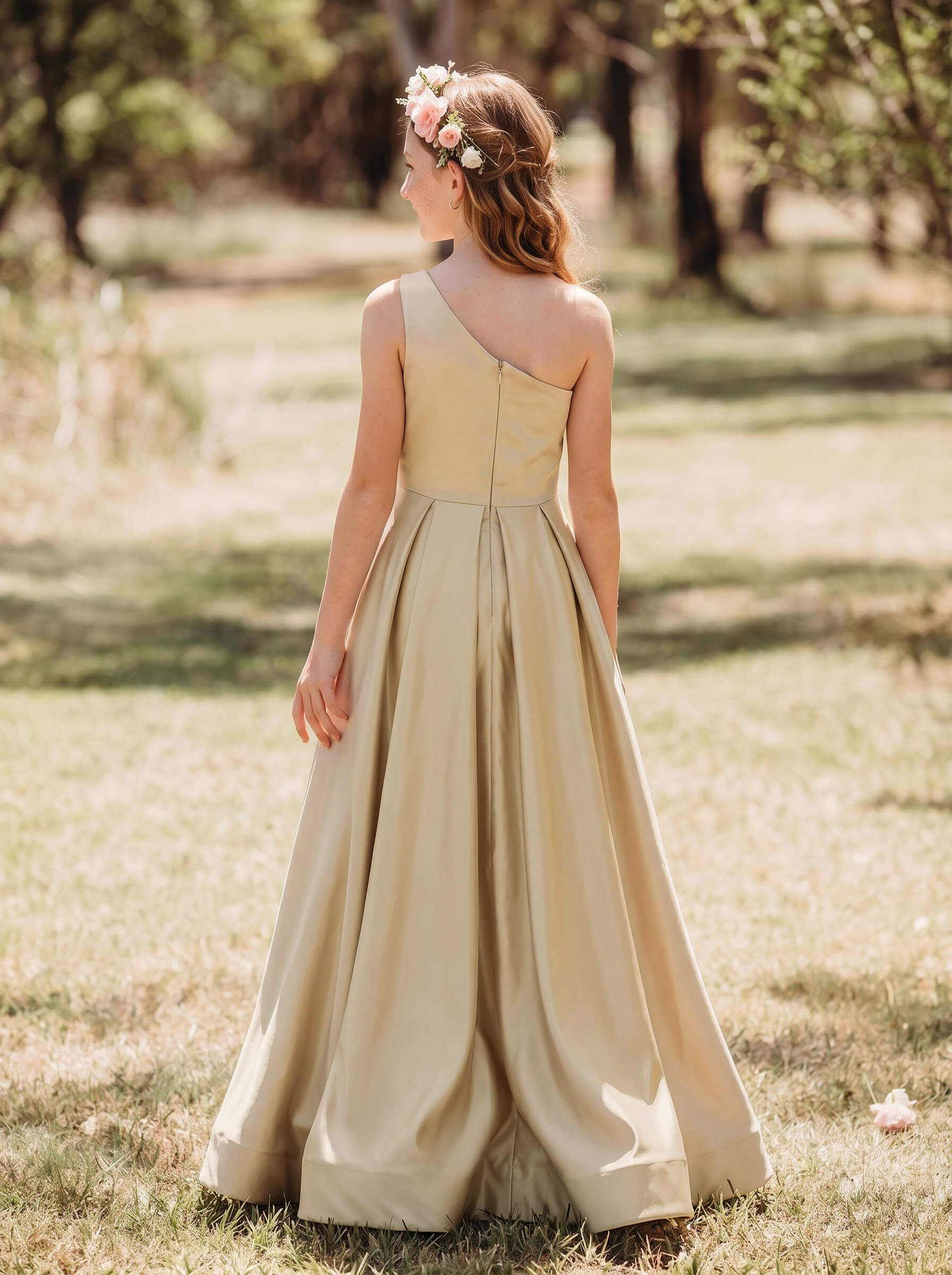 A-Line One-Shoulder Sleeveless Floor-Length Satin Junior Bridesmaid Dresses With High Split