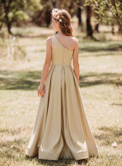 A-Line One-Shoulder Sleeveless Floor-Length Satin Junior Bridesmaid Dresses With High Split