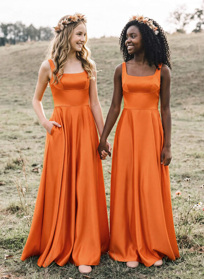 A-Line Square Neckline Sleeveless Floor-Length Satin Junior Bridesmaid Dresses With Bow