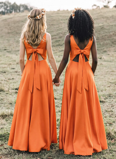 A-Line Square Neckline Sleeveless Floor-Length Satin Junior Bridesmaid Dresses With Bow