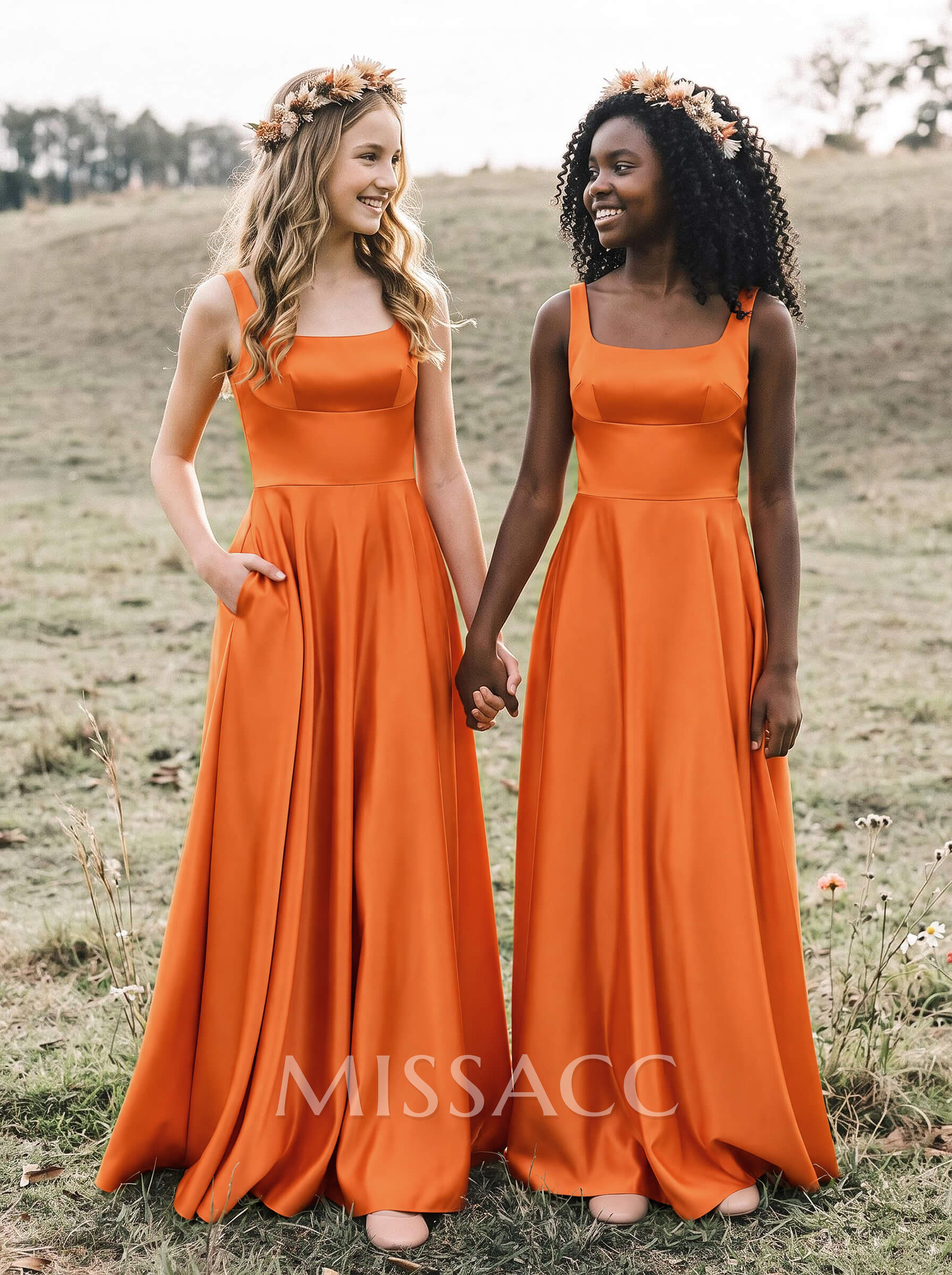 A-Line Square Neckline Sleeveless Floor-Length Satin Junior Bridesmaid Dresses With Bow