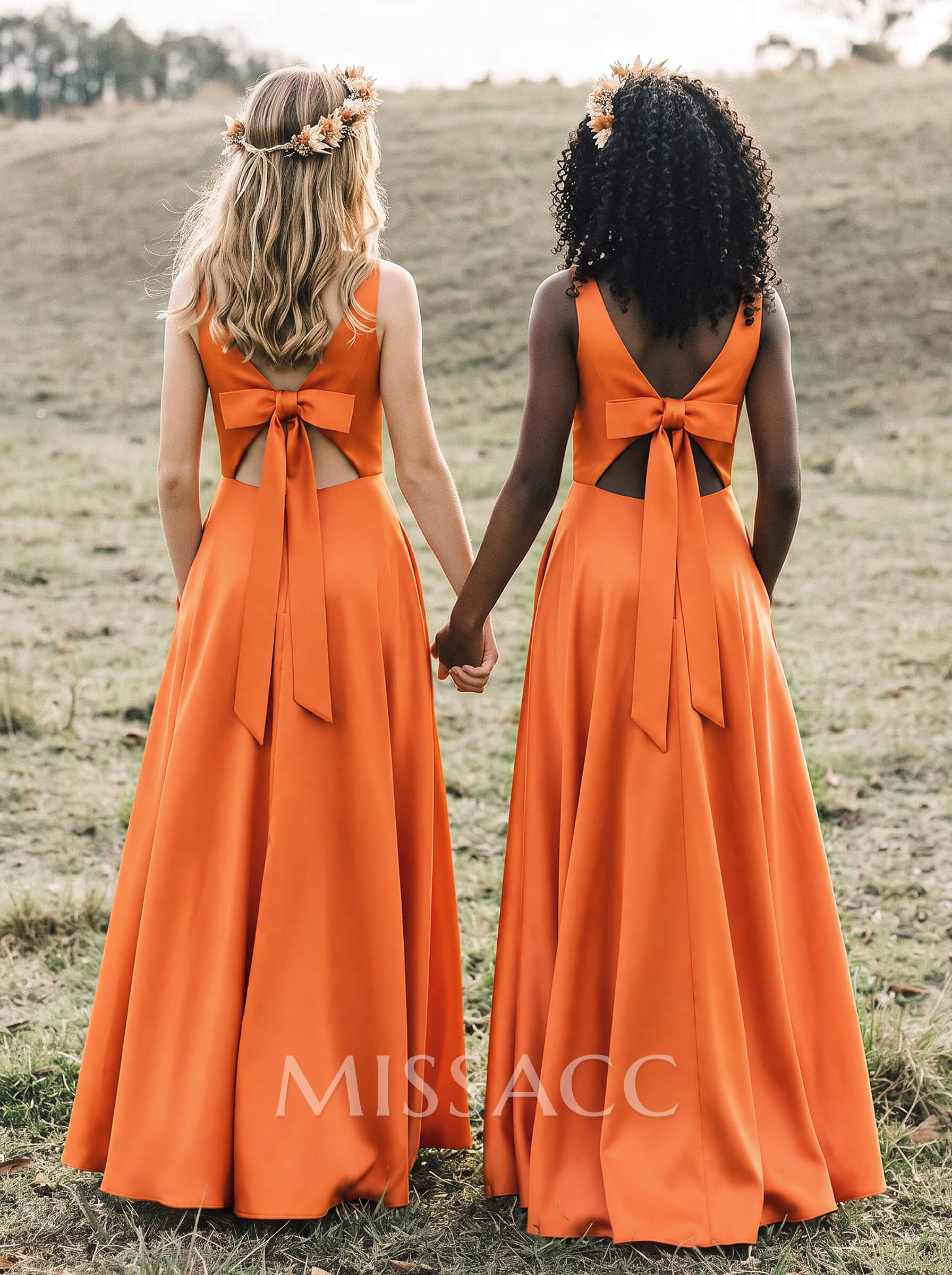 A-Line Square Neckline Sleeveless Floor-Length Satin Junior Bridesmaid Dresses With Bow