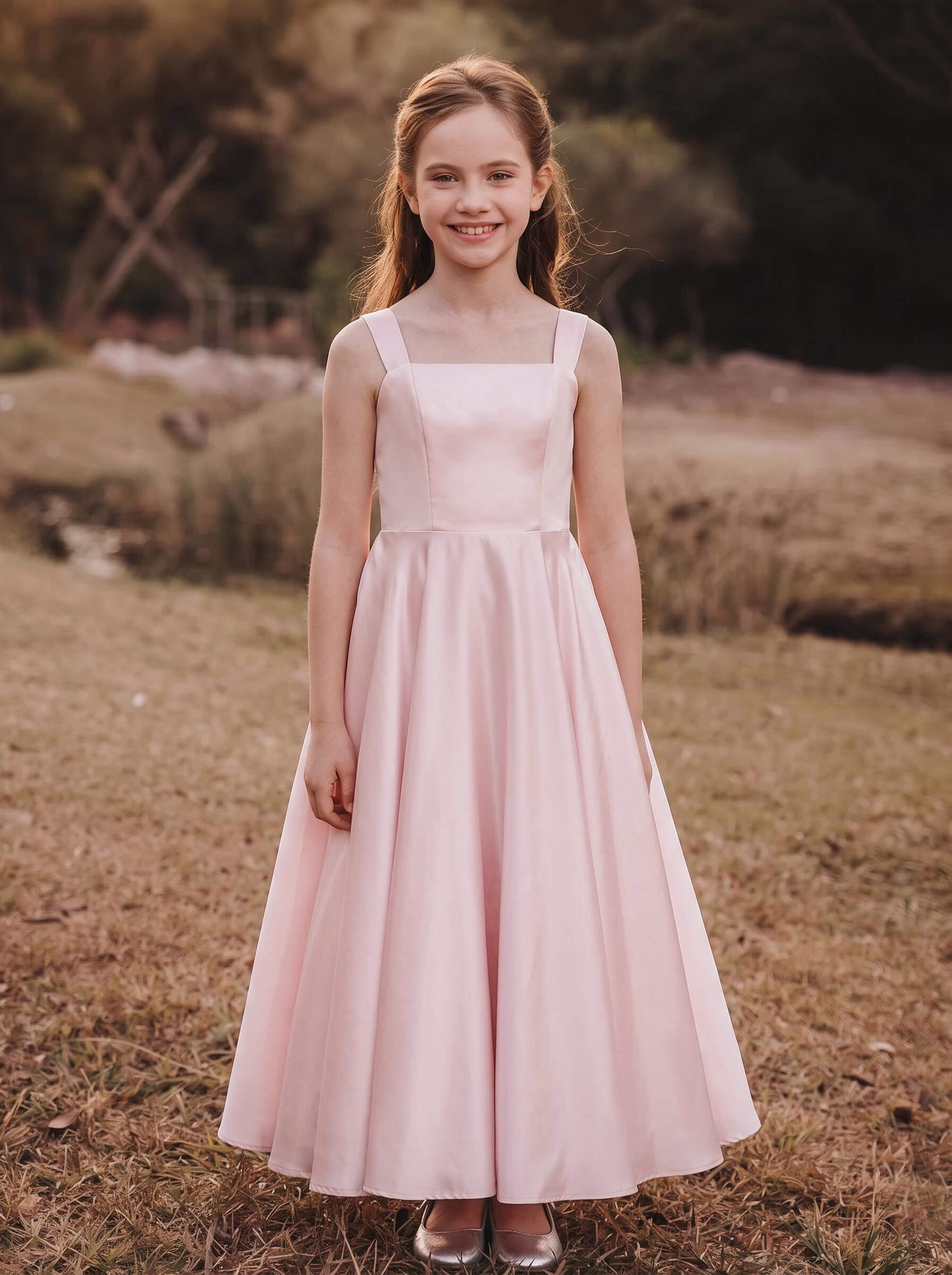 A-Line Square Neckline Sleeveless Ankle-Length Satin Junior Bridesmaid Dresses With