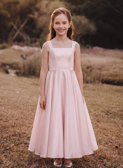 A-Line Square Neckline Sleeveless Ankle-Length Satin Junior Bridesmaid Dresses With
