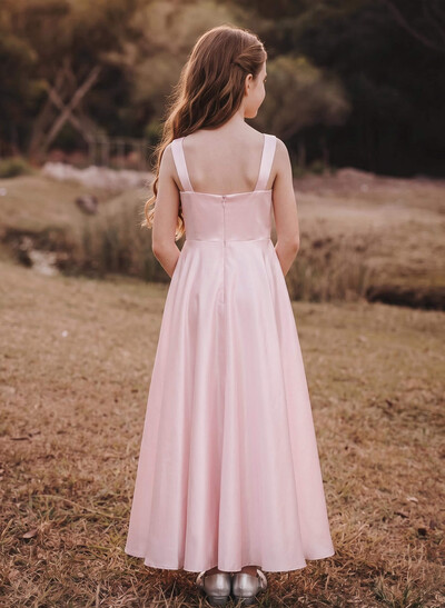 A-Line Square Neckline Sleeveless Ankle-Length Satin Junior Bridesmaid Dresses With