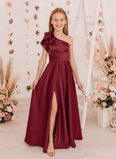 A-Line One-Shoulder Short Sleeves Floor-Length Satin Junior Bridesmaid Dresses With Split Front