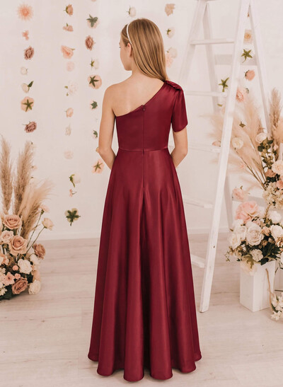 A-Line One-Shoulder Short Sleeves Floor-Length Satin Junior Bridesmaid Dresses With Split Front