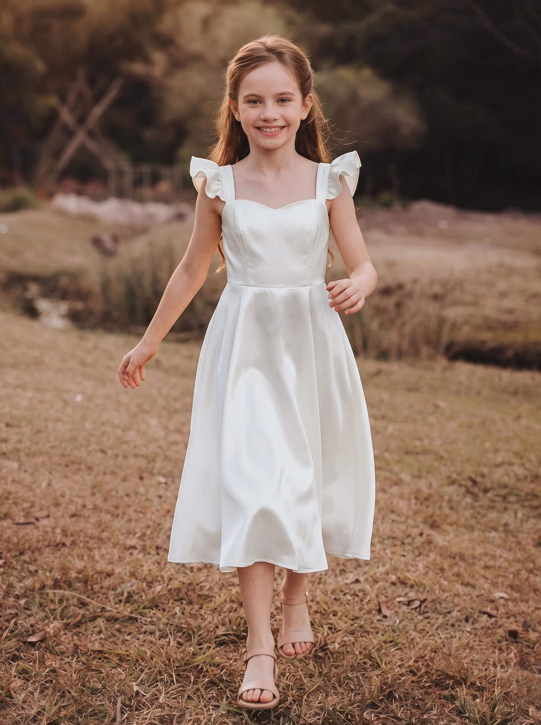 A-Line Square Neckline Sleeveless Tea-Length Satin Junior Bridesmaid Dresses With Ruffle