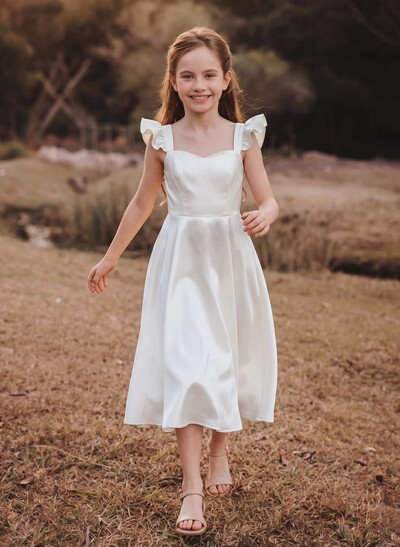 A-Line Square Neckline Sleeveless Tea-Length Satin Junior Bridesmaid Dresses With Ruffle
