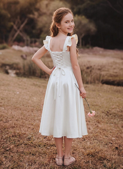A-Line Square Neckline Sleeveless Tea-Length Satin Junior Bridesmaid Dresses With Ruffle