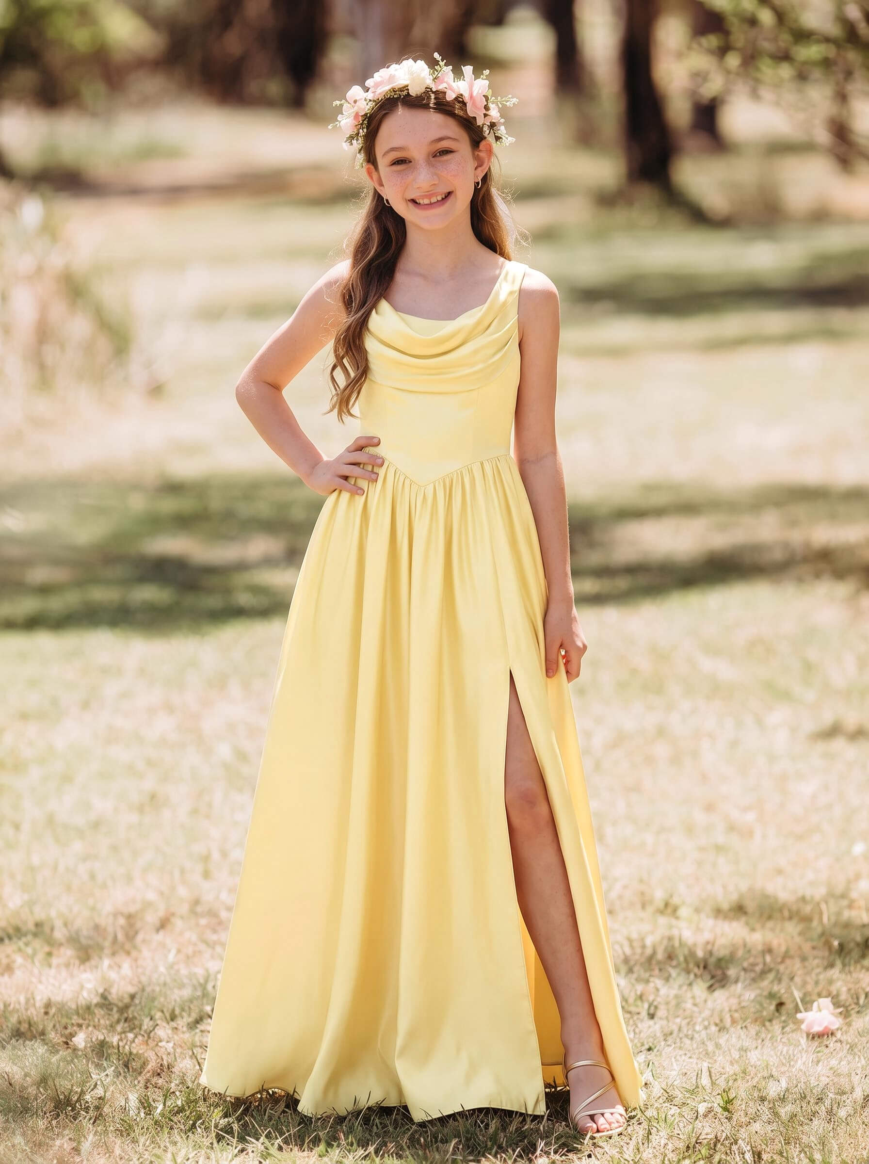 A-Line Cowl Neck Sleeveless Floor-Length Satin Junior Bridesmaid Dresses With Split Front