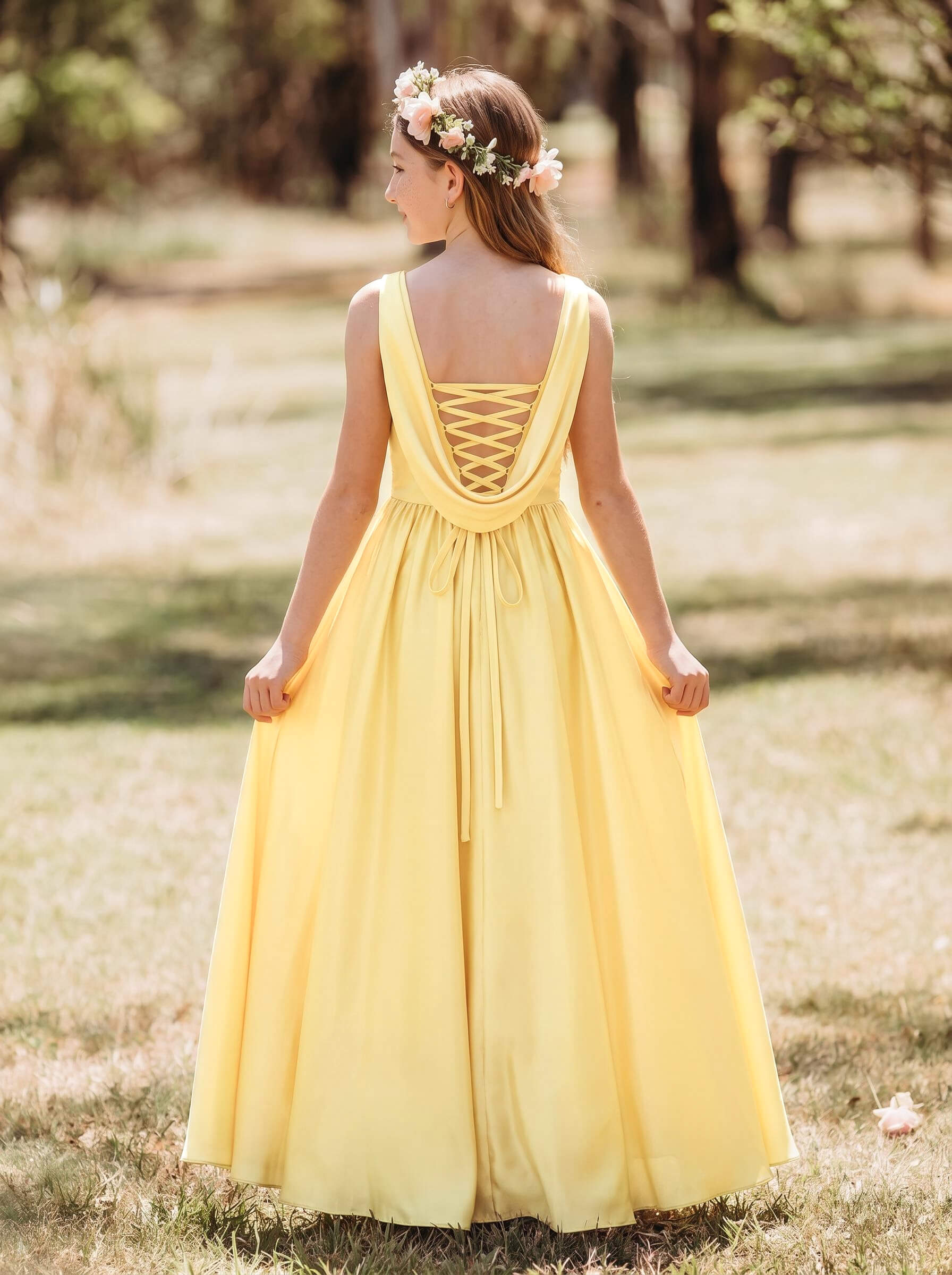 A-Line Cowl Neck Sleeveless Floor-Length Satin Junior Bridesmaid Dresses With Split Front