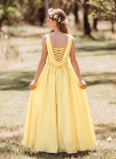 A-Line Cowl Neck Sleeveless Floor-Length Satin Junior Bridesmaid Dresses With Split Front