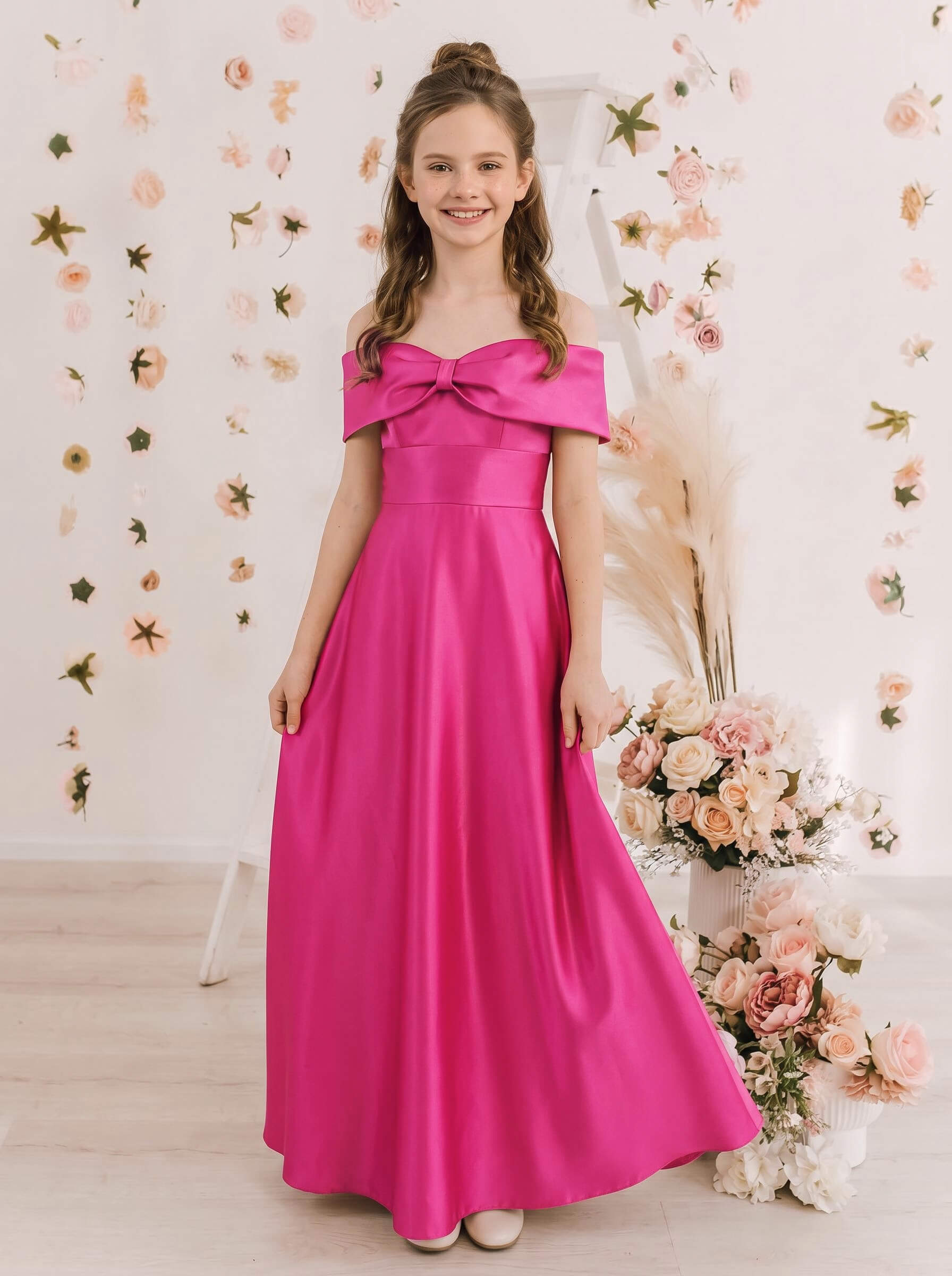 A-Line Off-The-Shoulder Sleeveless Floor-Length Satin Junior Bridesmaid Dresses