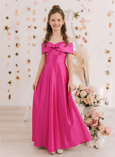A-Line Off-The-Shoulder Sleeveless Floor-Length Satin Junior Bridesmaid Dresses